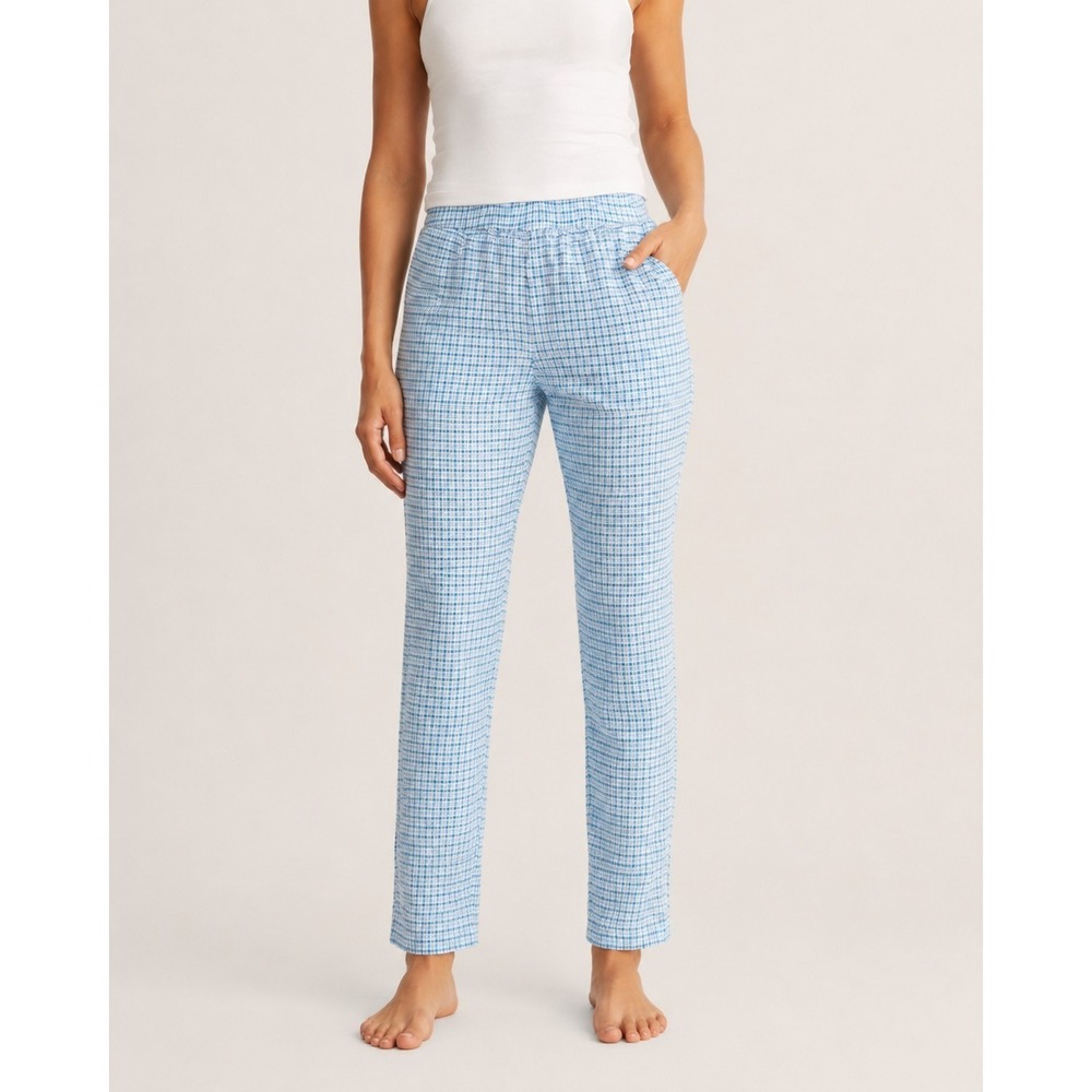 Free People Pants Womens M Blue Gingham Plaid Linen Blend Pull On Straight